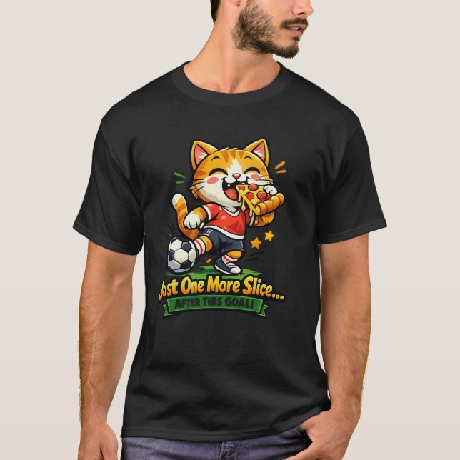 Funny Soccer Cat Eating Pizza Cartoon Design T-Shirt (Front)