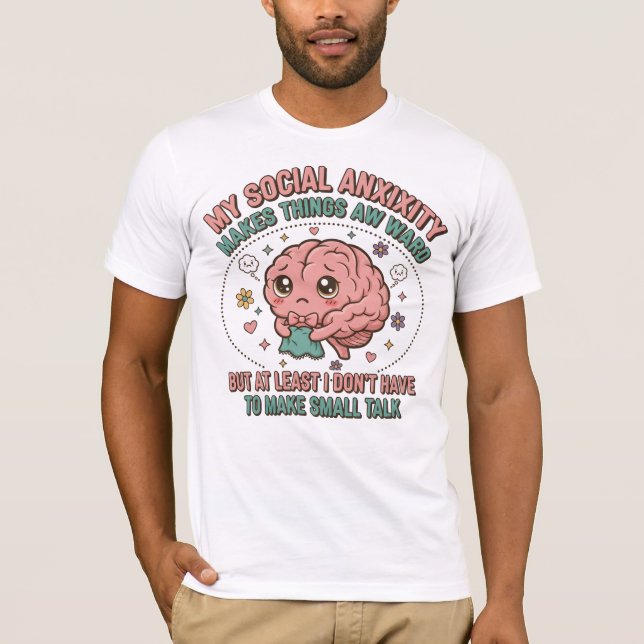 Funny Social Anxiety Brain Cartoon T-Shirt (Front)