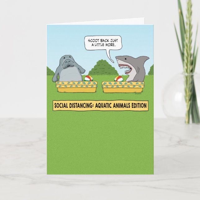 Funny Social Distancing Manatee and Shark Card (Front)