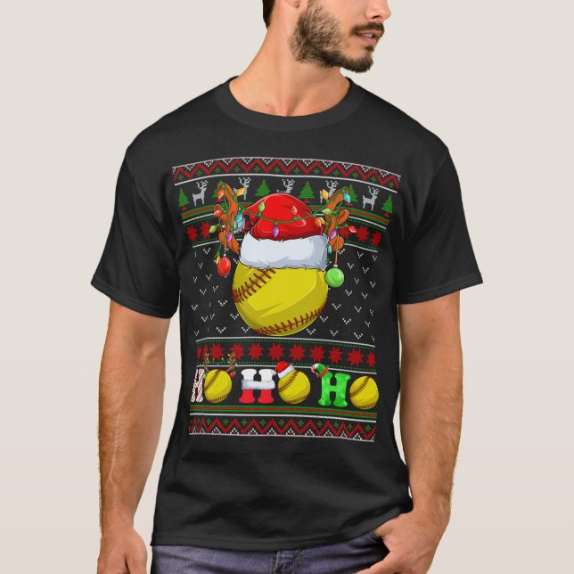 Funny Softball Ball Xmas Tree Lights Ugly Christma T-Shirt (Front)