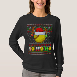 Funny Softball Ball Xmas Tree Lights Ugly Christma T-Shirt
