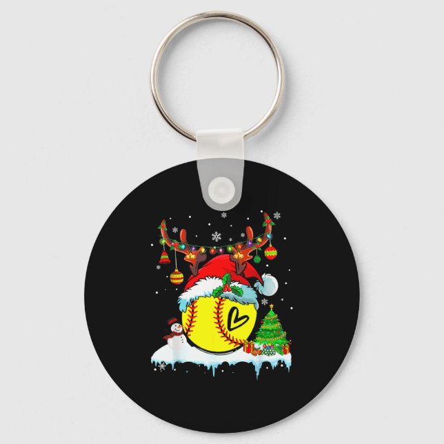 Funny Softball Christmas Reindeer Santa Hat Lights Key Ring (Front)