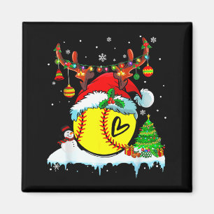 Funny Softball Christmas Reindeer Santa Hat Lights Magnet