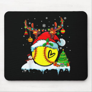 Funny Softball Christmas Reindeer Santa Hat Lights Mouse Pad