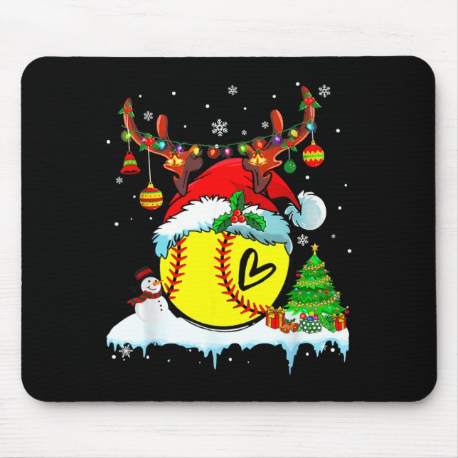 Funny Softball Christmas Reindeer Santa Hat Lights Mouse Pad (Front)