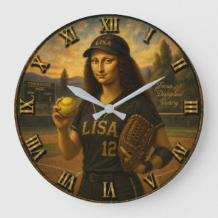 Funny Softball Mona Lisa Pitcher Gift Large Clock