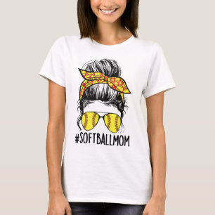 Funny Softball Mum Messy Bun Mama Mother's Day Spo T-Shirt