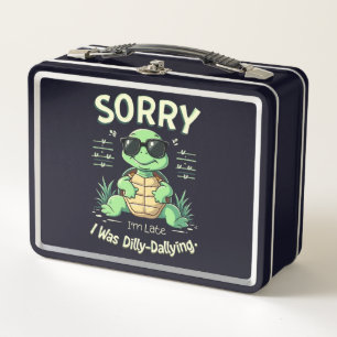 Funny Sorry I’m Late Turtle with Retro Aesthetic Metal Lunch Box