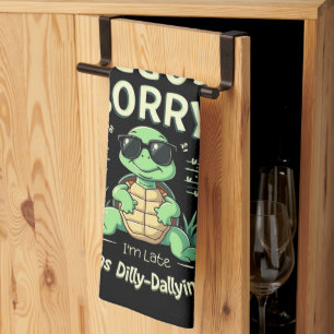 Funny Sorry I’m Late Turtle with Retro Aesthetic Tea Towel