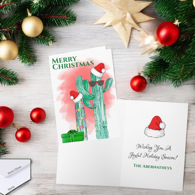 Funny Southwest Cactus Sunglasses Custom Holiday Card (Christmas greeting card over and inside greeting. )