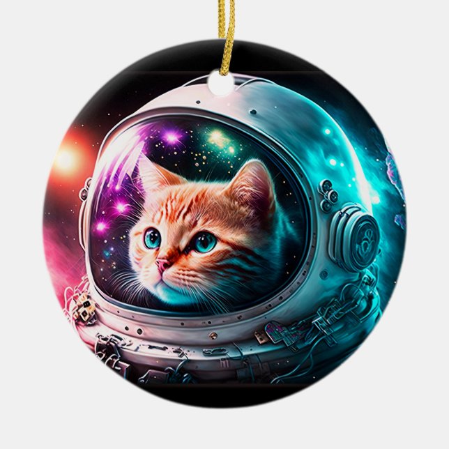 Funny Space Cat Astronaut Kitty Galaxy Universe Ceramic Ornament (Front)