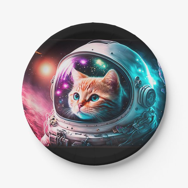 Funny Space Cat Astronaut Kitty Galaxy Universe Paper Plate (Front)