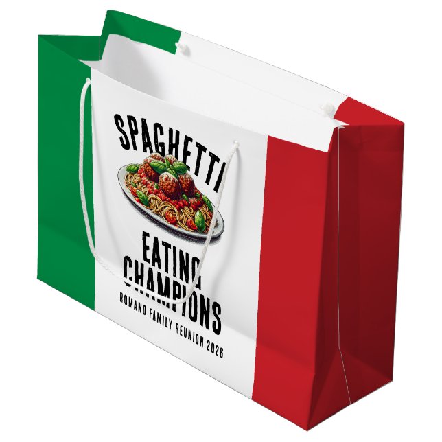 Funny Spaghetti Eating Champions Family Reunion Large Gift Bag (Front Angled)
