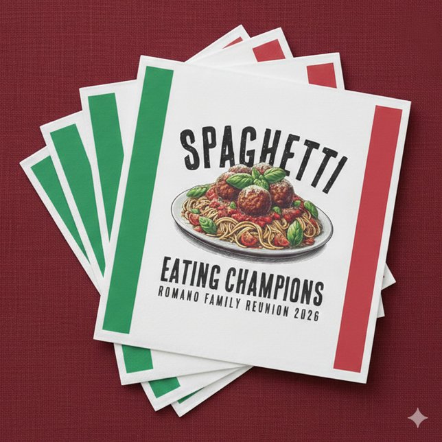 Funny Spaghetti Eating Champions Family Reunion Napkin (Funny Spaghetti Eating Champions Italian Family Reunion Paper Napkins Cover Photo)