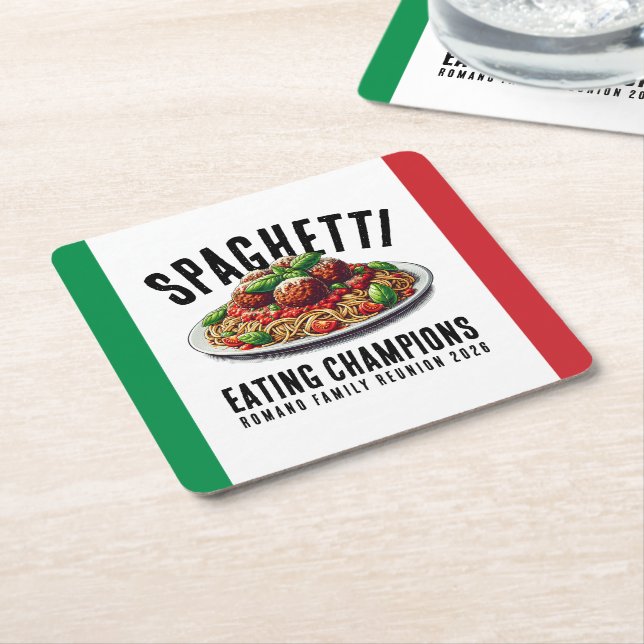 Funny Spaghetti Eating Champions Family Reunion Square Paper Coaster (Angled)