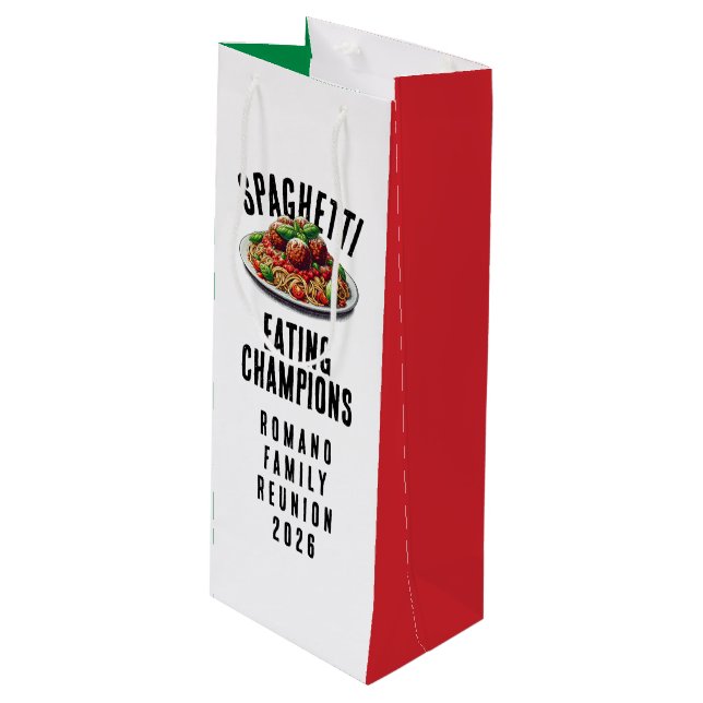 Funny Spaghetti Eating Champions Family Reunion Wine Gift Bag (Front Angled)