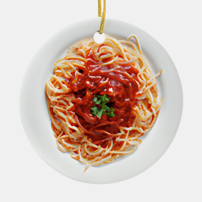 Funny Spaghetti Pun Christmas Ceramic Ornament (Front)