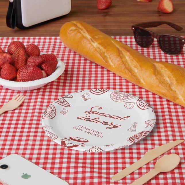 Funny special delivery pizza baby shower paper plate (Picnic)