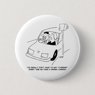 Funny Speed Camera Cartoon Shows Man Driving 6 Cm Round Badge