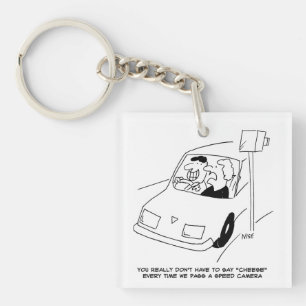 Funny Speed Camera Cartoon Shows Man Driving Key Ring
