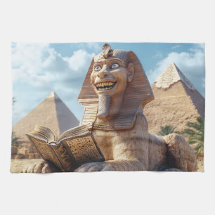 Funny Sphinx Statue Reading Ancient Book in Egypt  Tea Towel