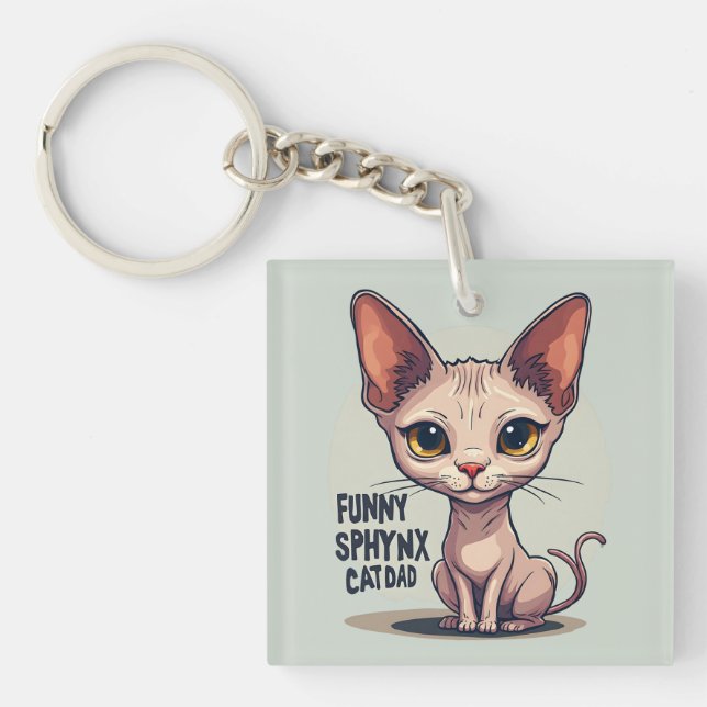 Funny Sphynx Cat Dad Cartoon Art Key Ring (Front)