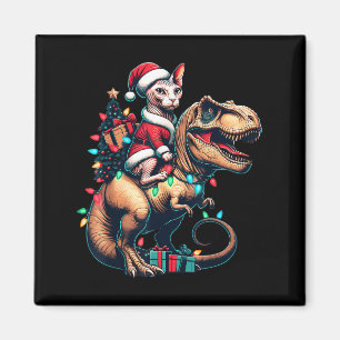 Funny Sphynx Cat Rides Santa T-rex Vintage Christm Magnet
