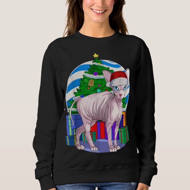 Funny Sphynx Cat Santa Christmas Tree Decor Gift Sweatshirt (Front)