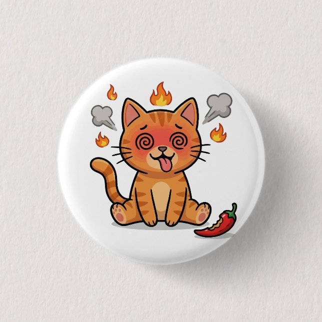 Funny Spicy Cat Eating Chili Button (Front)