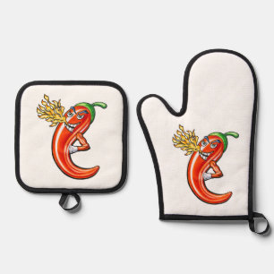 Funny Spicy Chilli On Fire Oven Mitt & Pot Holder Set