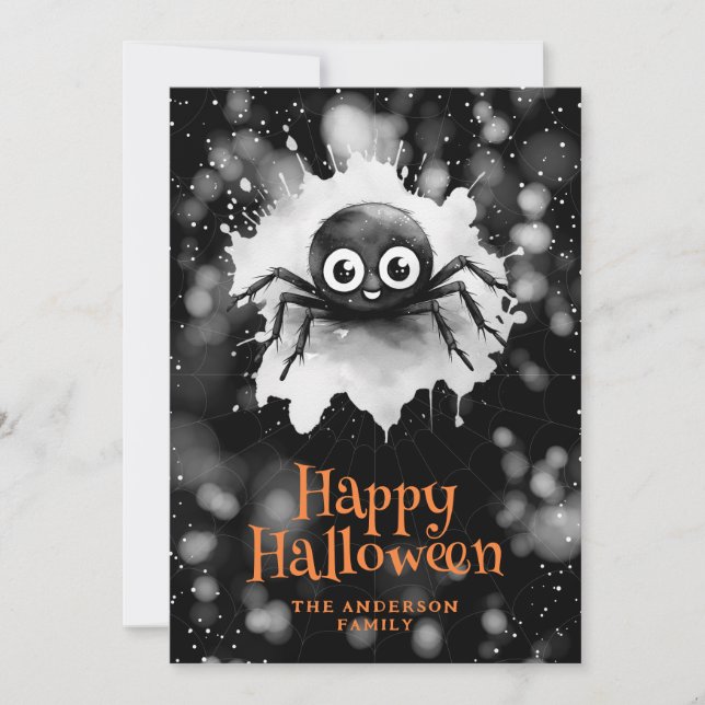 Funny Spider Web Watercolor Happy Halloween Card (Front)