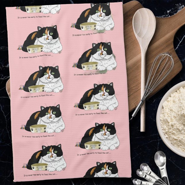 Funny Spoiled Calico Feed Cat Pink Tea Towel (Creator Uploaded)