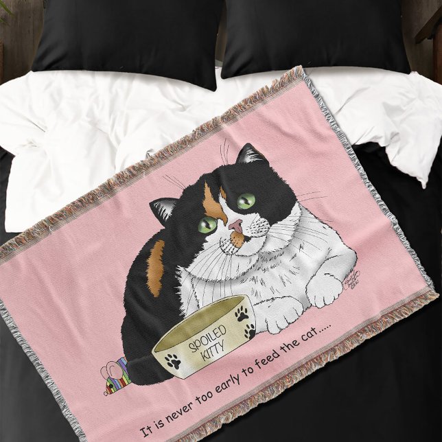 Funny Spoiled Calico Feed Cat Pink Throw Blanket (Creator Uploaded)