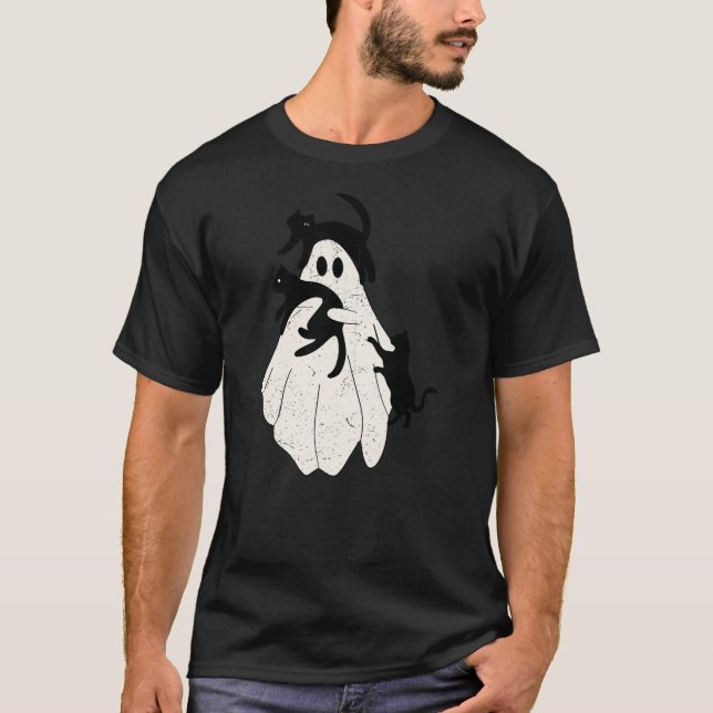 Funny Spooky Ghost Hold Black Cat Halloween Men Wo T-Shirt (Front)