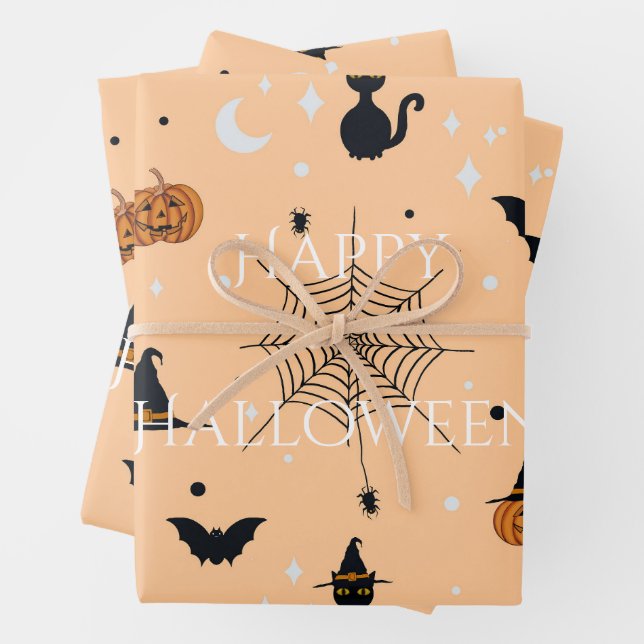 Funny Spooky Halloween Orange Design Wrapping Paper Sheet (In situ)