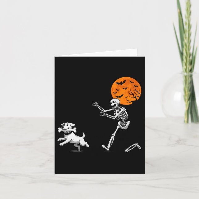Funny Spooky Humour Halloween Skeleton Chasing Dog Card (Front)