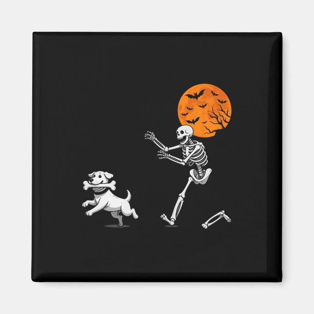 Funny Spooky Humour Halloween Skeleton Chasing Dog Magnet (Front)