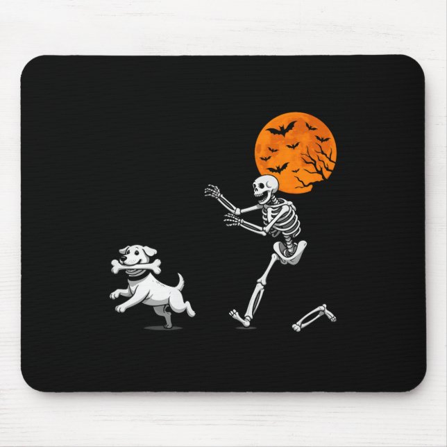 Funny Spooky Humour Halloween Skeleton Chasing Dog Mouse Pad (Front)