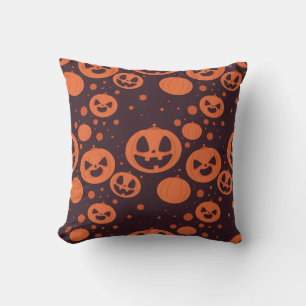 Funny Spooky Pumpkin Faces with Brown background Cushion