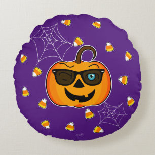 Funny Spooky Pumpkin iconic winkS Only treats!!! Round Cushion