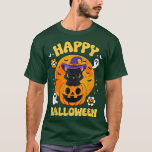Funny Spooky Season Retro Black Cat Pumpkin Happy  T-Shirt