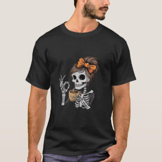 Funny Spooky Season Skeleton Messy Bun Coffee Love T-Shirt