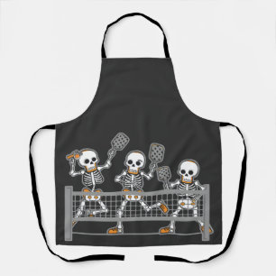 Funny Spooky Three Skeleton Playin Pickleball Gift Apron