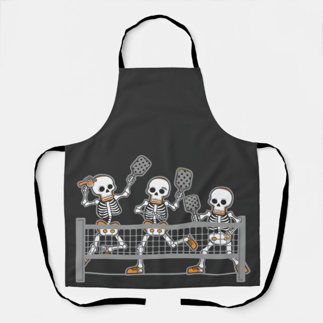Funny Spooky Three Skeleton Playin Pickleball Gift Apron (Front)