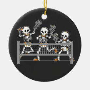 Funny Spooky Three Skeleton Playin Pickleball Gift Ceramic Ornament