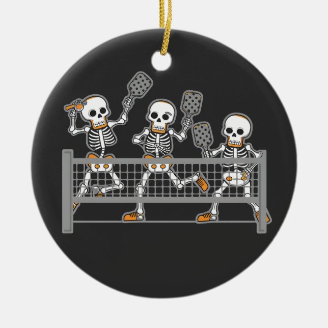 Funny Spooky Three Skeleton Playin Pickleball Gift Ceramic Ornament (Front)