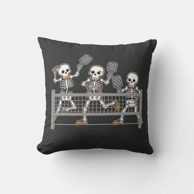 Funny Spooky Three Skeleton Playin Pickleball Gift Cushion (Front)