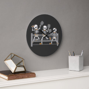 Funny Spooky Three Skeleton Playin Pickleball Gift Large Clock