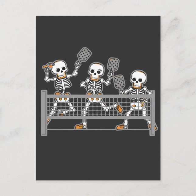 Funny Spooky Three Skeleton Playin Pickleball Gift Postcard (Front)
