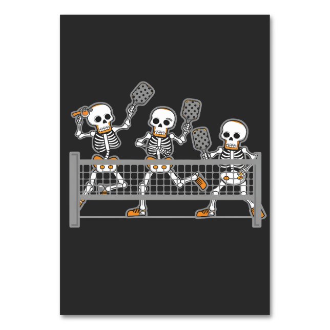 Funny Spooky Three Skeleton Playin Pickleball Gift Table Number (Front)